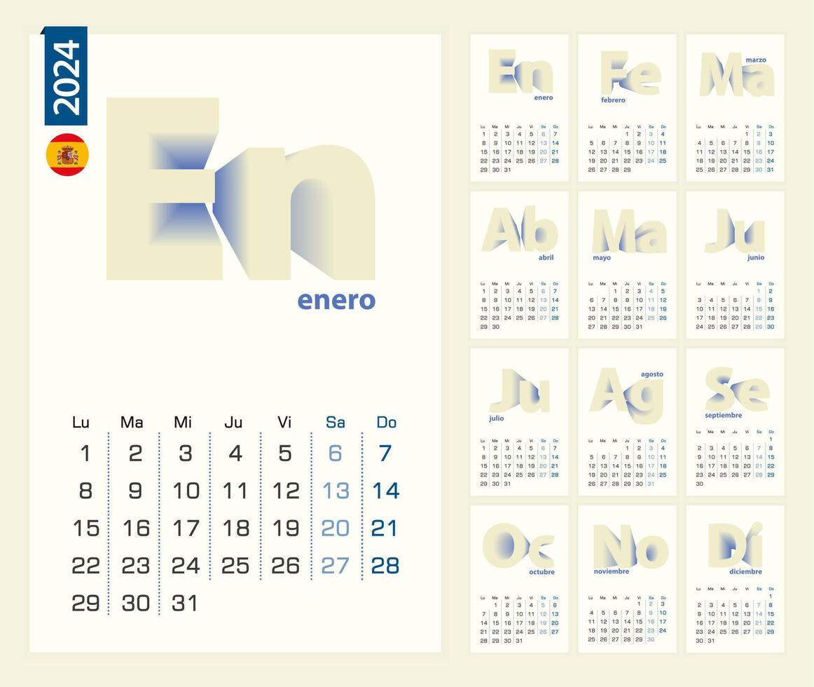 kalender 2024 sjabloon in Spaans taal, minimalistische kalender reeks voor 2024 jaar. vector