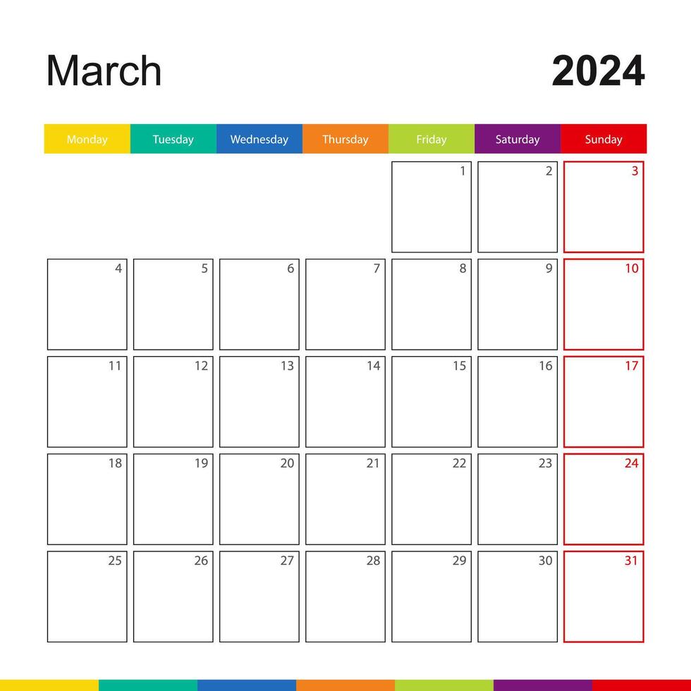 maart 2024 kleurrijk muur kalender, week begint Aan maandag. vector