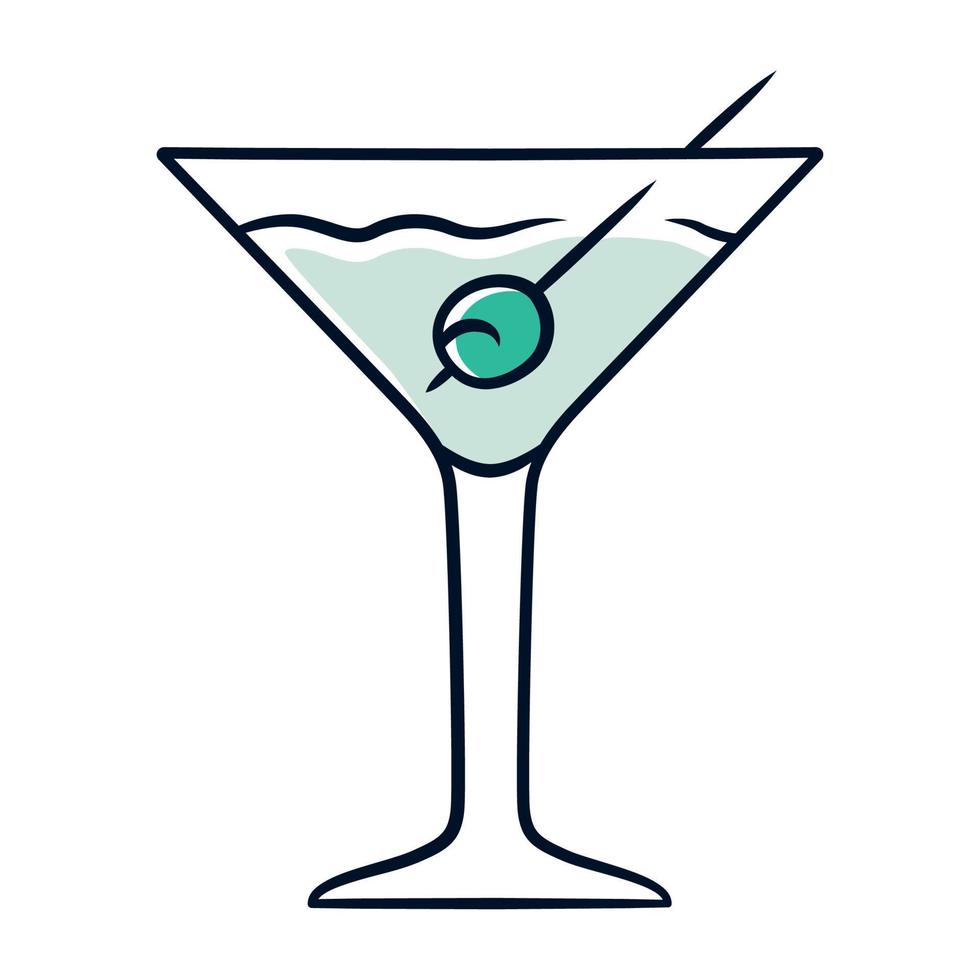 Martini blauwe kleur icoon. footed glas met drankje en olijf. cocktail met gin en vermout. verfrissende alcoholische drank voor feest. tuimelaar met gemengde drank. geïsoleerde vectorillustratie vector