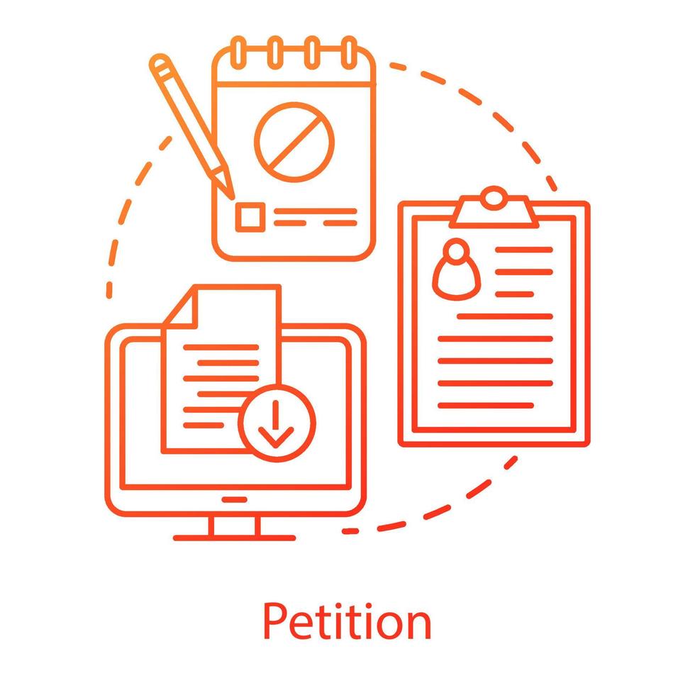 petitie concept icoon. internet handtekening collectie idee dunne lijn illustratie. computer, klembord en notitieblok vector geïsoleerde overzichtstekening. modern protest, demonstratie van de publieke opinie