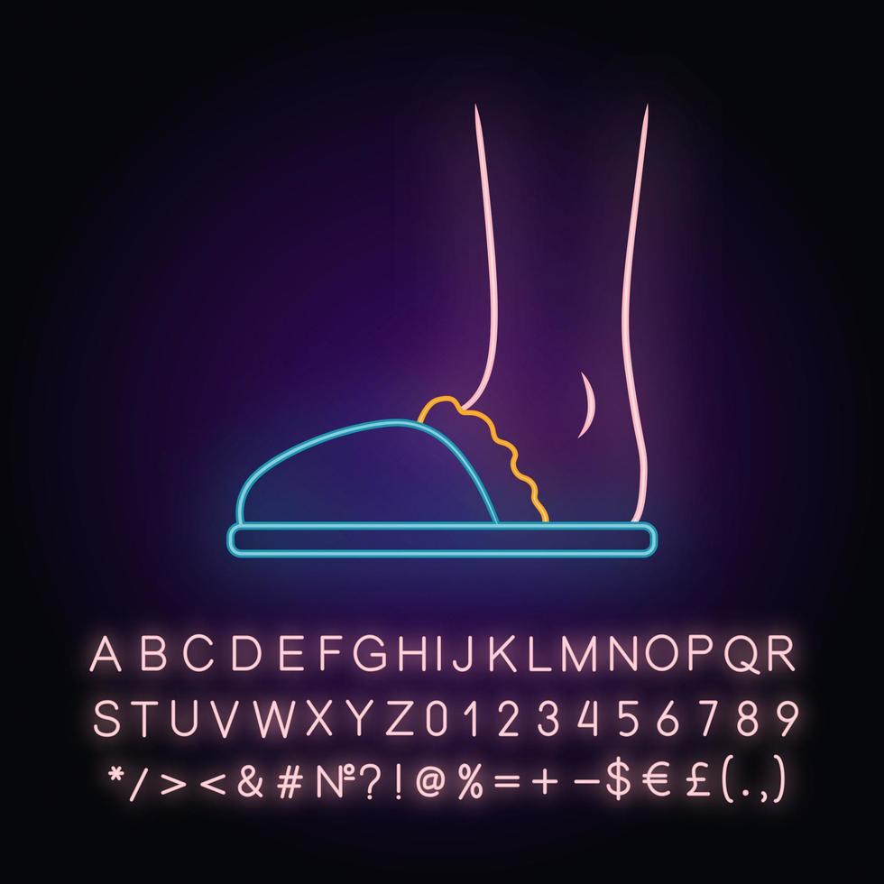 huis pantoffels neon licht icoon. vrouw thuis schoeisel, kledingstuk ontwerp. vrouwelijke pluizige gezellige schoenen zijaanzicht. gloeiend bord met alfabet, cijfers en symbolen. vector geïsoleerde illustratie