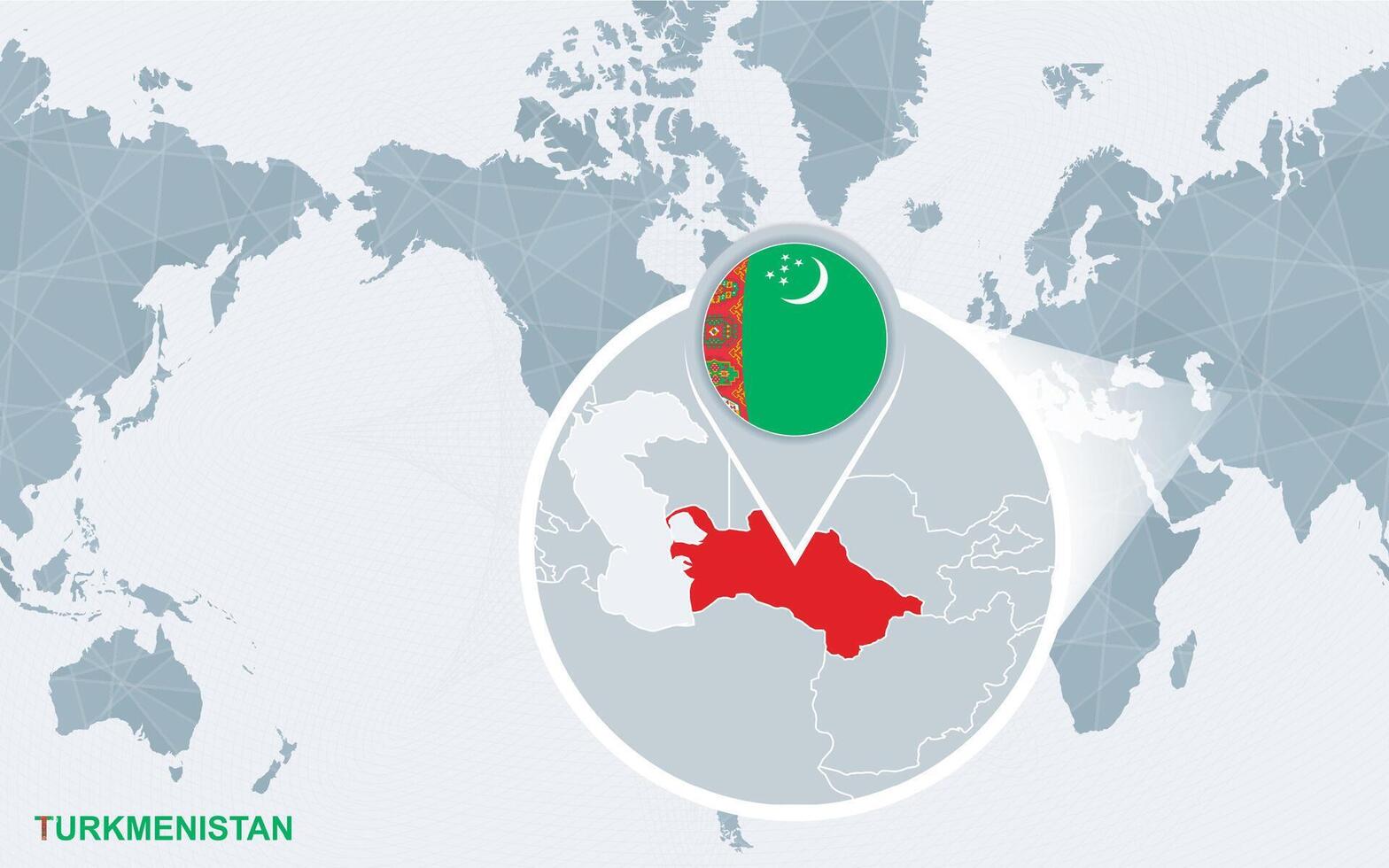 wereld kaart gecentreerd Aan Amerika met uitvergroot Turkmenistan. vector