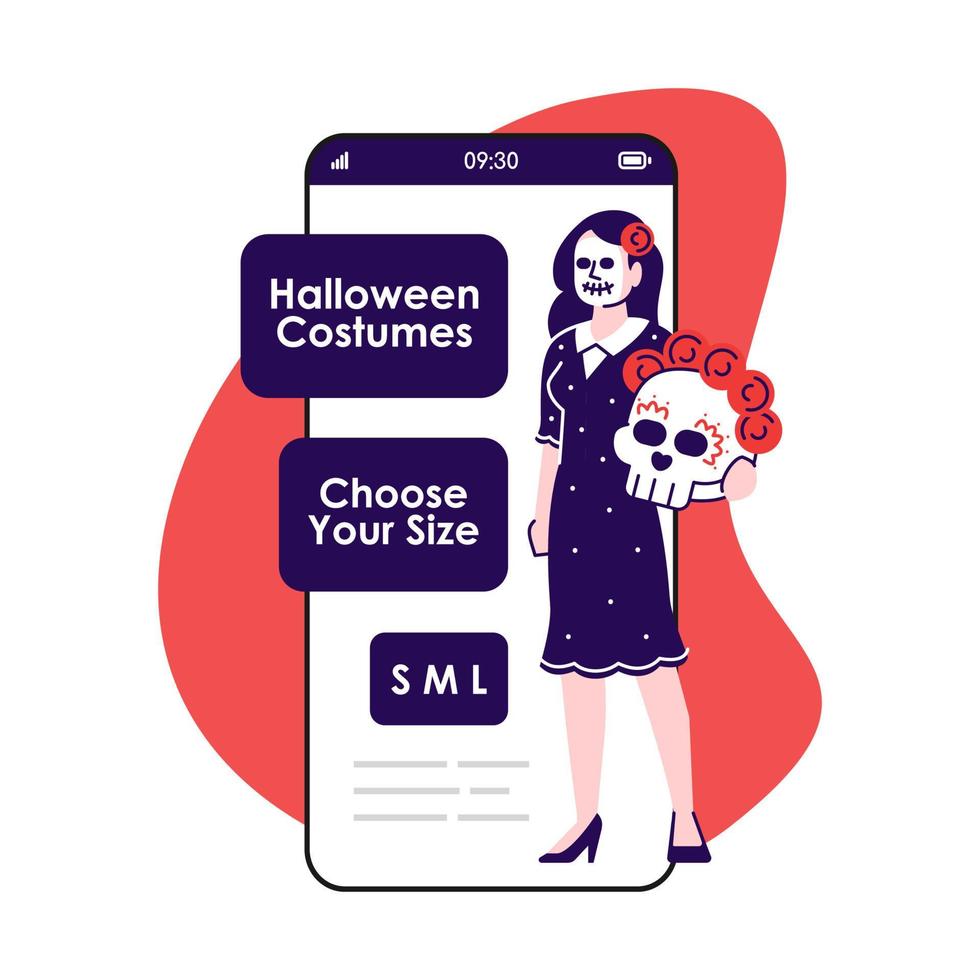 halloween kostuums smartphone app scherm. mobiele telefoon displays met stripfiguren ontwerp mockup. skelet pak. kleding te huur. online winkel applicatie telefoon interface vector