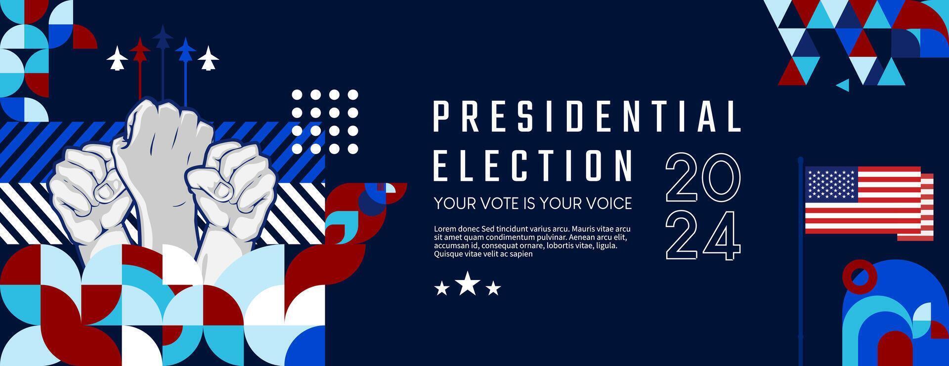 Verenigde staten 2024 presidentieel verkiezing dag banier in modern meetkundig stijl. Amerikaans verkiezing stemmen campagne omslag. achtergrond vector illustratie
