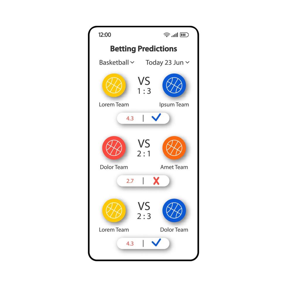 wedden voorspellingen smartphone interface vector sjabloon. mobiele app pagina wit ontwerp lay-out. scorevoorspelling scherm. platte ui voor toepassing. winnaars voorspellen, puntspreiding telefoonweergave