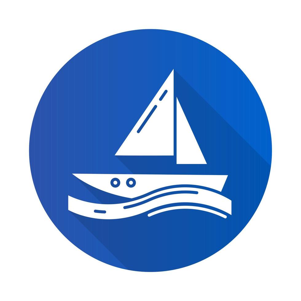 zeilen blauw plat ontwerp lange schaduw glyph pictogram. watersport, zomer extreme sport. zeilen, zwemmen en navigatie. reis, boot op oceaangolven. vector silhouet illustratie