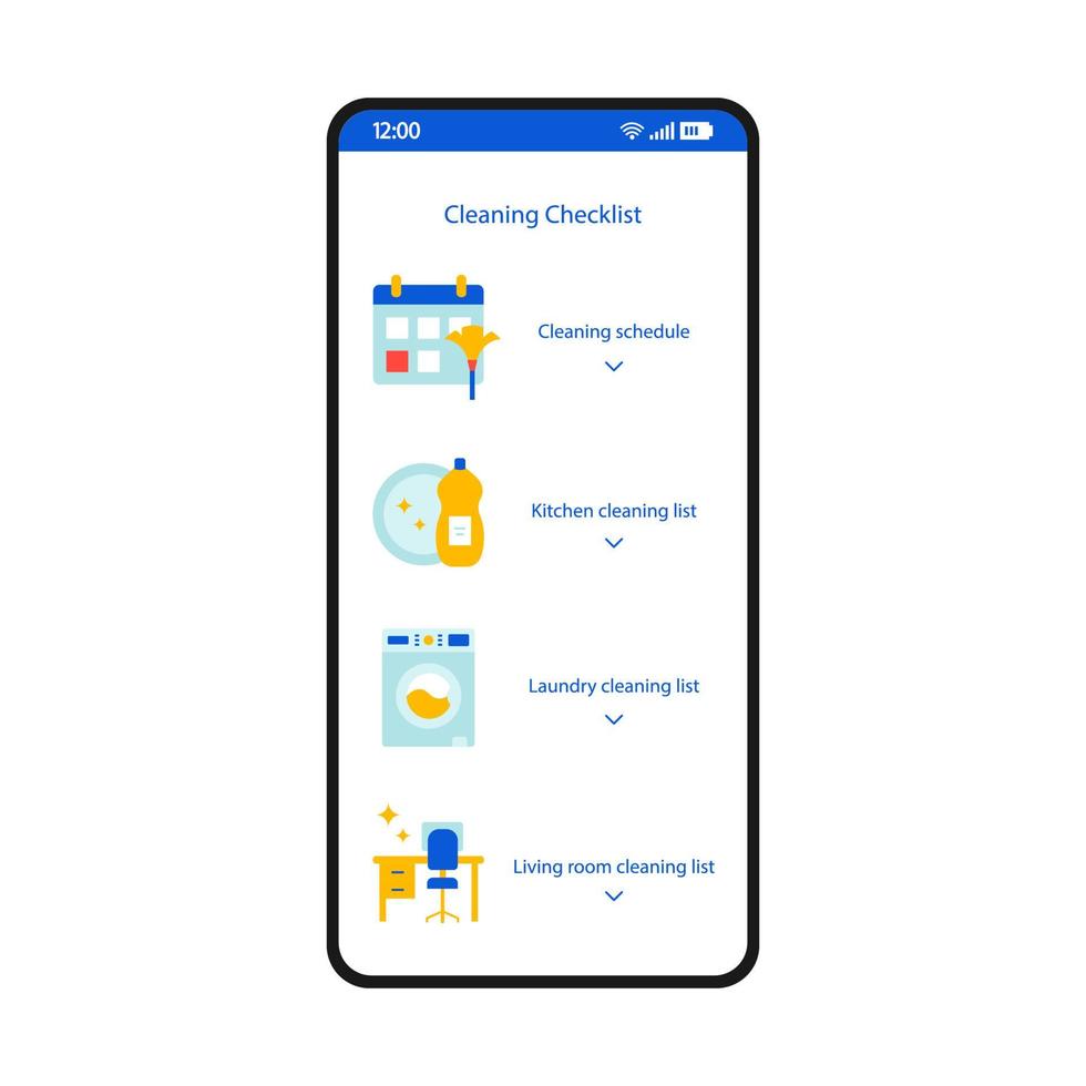 huis schoonmaak checklist smartphone interface vector sjabloon. mobiele app pagina wit ontwerp lay-out. schoonmaak, was, afwasschema, takenlijstscherm. platte ui voor toepassing. telefoon display