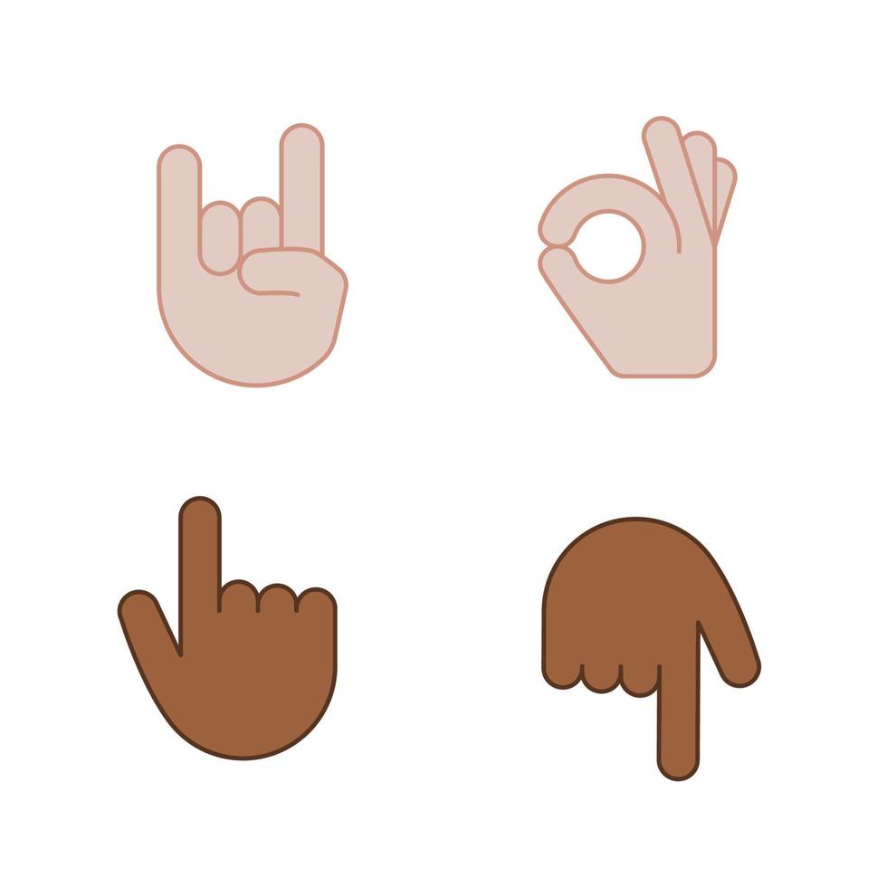 handgebaar emoji's kleur pictogrammen instellen. rock on, heavy metal, ok, goedkeuringsgebaar. backhand index wijzend op en neer. draai de vingerwijzer terug. geïsoleerde vectorillustraties vector