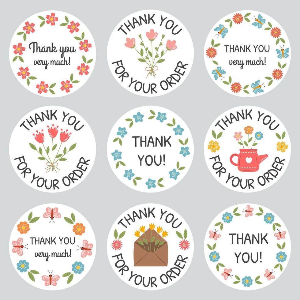 dank u ronde stickers verzameling met bloem. dank u etiketten, cirkel postzegel set. afdrukbare klein bedrijf verpakking ronde sticker met belettering, bloemen, botanisch kader. dank u voor uw bestellen. vector