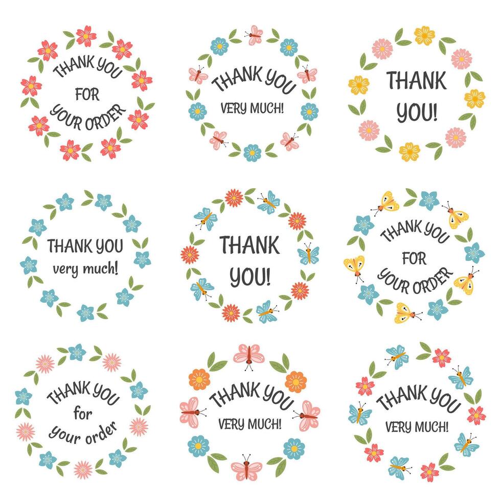 dank jij, waardering ronde stickers met bloemen ornament en dank u heel veel belettering. afdrukbare etiketten, tags voor geschenk, bestellingen verpakking, klein bedrijf, bloemist, schoonheid. geven bedankt. vector