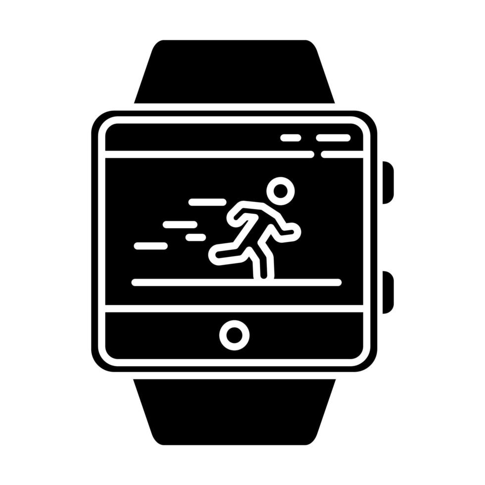 fitness-tracker met glyph-toepassingspictogram. silhouet symbool. smartwatch-functie. zorg- en sport-app. snelheidsmeter en stappen volgen. negatieve ruimte. vector geïsoleerde illustratie