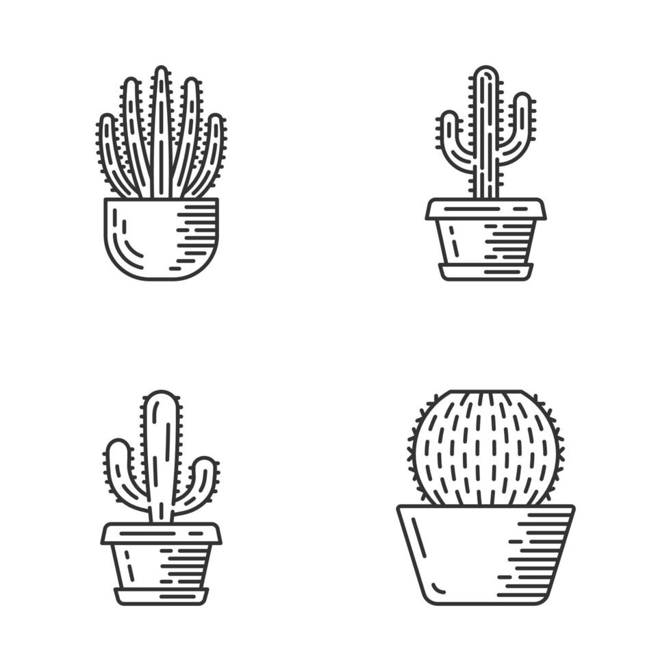 huiscactussen in pot lineaire pictogrammen instellen. Mexicaanse tropische flora. orgelpijpcactus, saguaro, mexicaanse reus, vathuis. dunne lijn contour symbolen. geïsoleerde vectoroverzichtsillustraties. bewerkbare streek vector