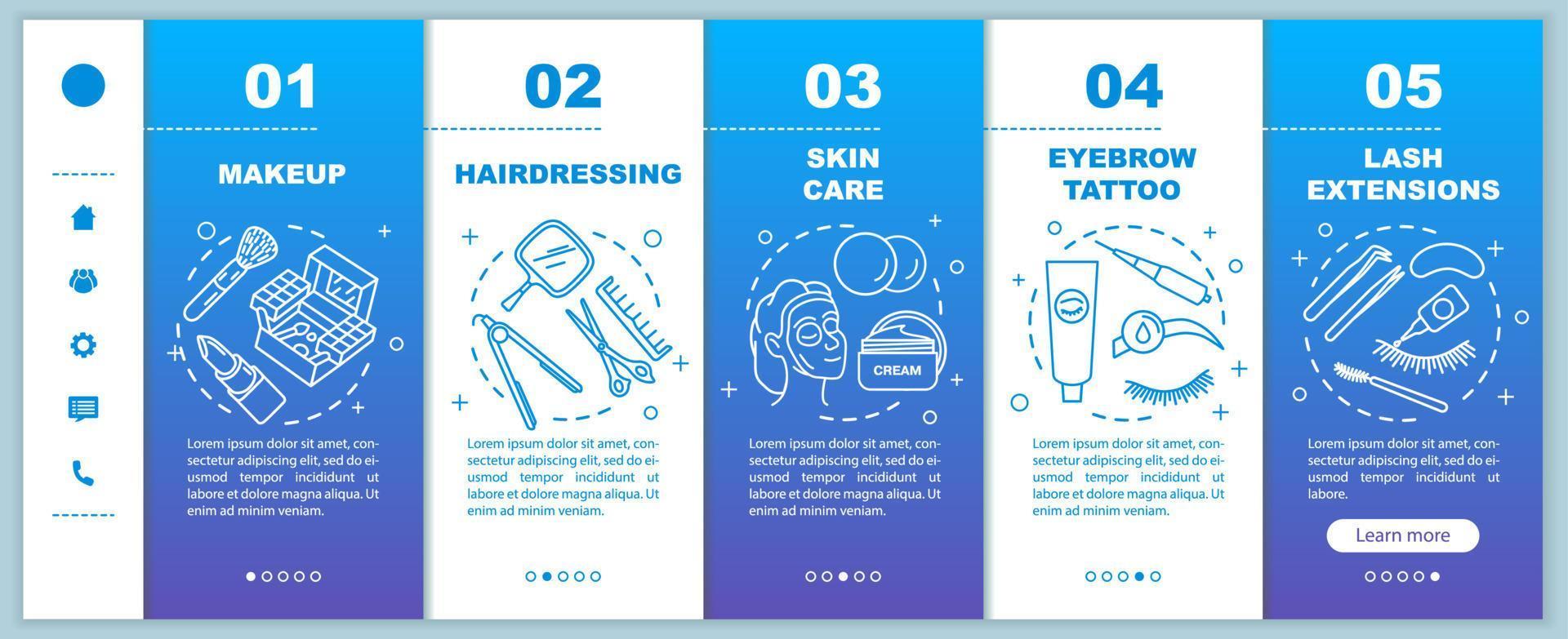 schoonheidssalon diensten onboarding mobiele webpagina's vector sjabloon. responsief smartphone-website-interface-idee met lineaire illustraties. webpagina walkthrough stap schermen. kleur concept