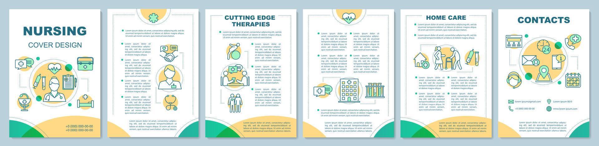 verpleegkundige dienst brochure sjabloon lay-out. geavanceerde fysieke therapieën. gezondheidszorg. flyer, folder printontwerp, lineaire illustraties. vectorpaginalay-outs voor jaarverslagen, reclameposters vector