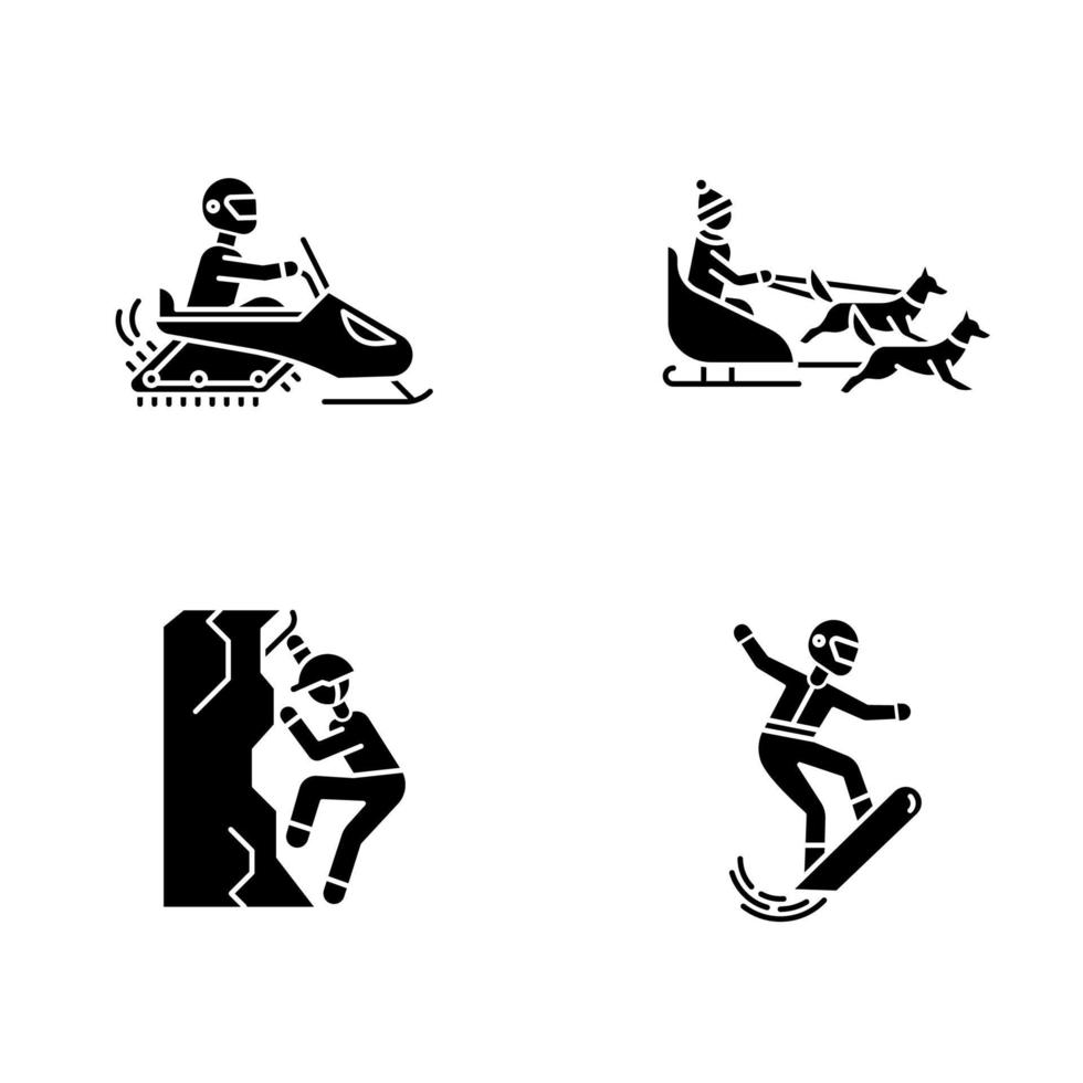 extreme winter activiteit glyph pictogrammen instellen. risicovolle sport, avontuur. koude seizoen outdoor vrije tijd. snowboarden, ijsklimmen, sneeuwscooteren en hondensleeën. silhouet symbolen. vector illustratie