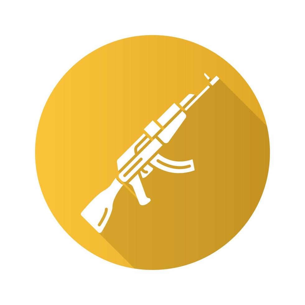 akm wapen platte ontwerp lange schaduw glyph pictogram. virtueel videogame vuurwapen, pistool. schietspel geweer. cybersport, esport sniper militaire inventaris, uitrusting. vector silhouet illustratie