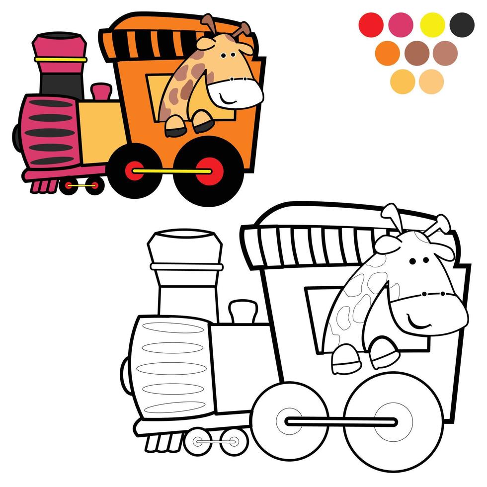 leuke giraf die een locomotief berijdt. kinder thema kleurplaat vector