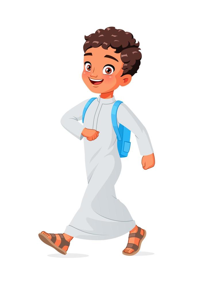 gelukkige Arabische schooljongen wandelen cartoon vectorillustratie vector