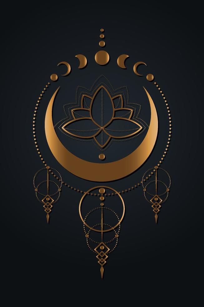 mystieke maanstanden, lotusbloem, heilige geometrie. gouden teken, halve maan heidense Wicca godin symbool, silhouet wicca banner teken, energie cirkel, boho stijl vector geïsoleerd op zwarte achtergrond