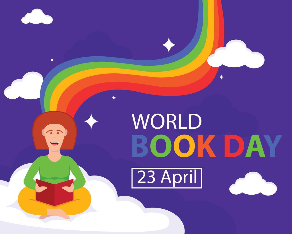 illustratie vector grafisch van een vrouw is lezing een boek bovenstaand de wolken, presenteren een denkbeeldig regenboog komt eraan uit van haar hoofd, perfect voor Internationale dag, wereld boek dag, vieren.