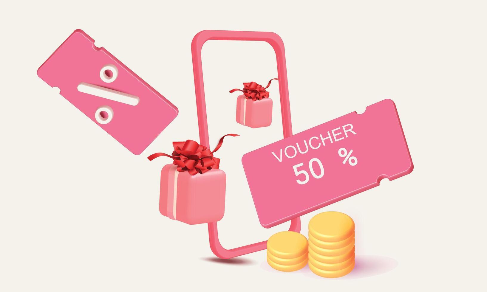 3d korting coupon illustratie vector roze blauw procent teken concept. uitverkoop bonus boodschappen doen online en munten Promotie banier geschenk doos