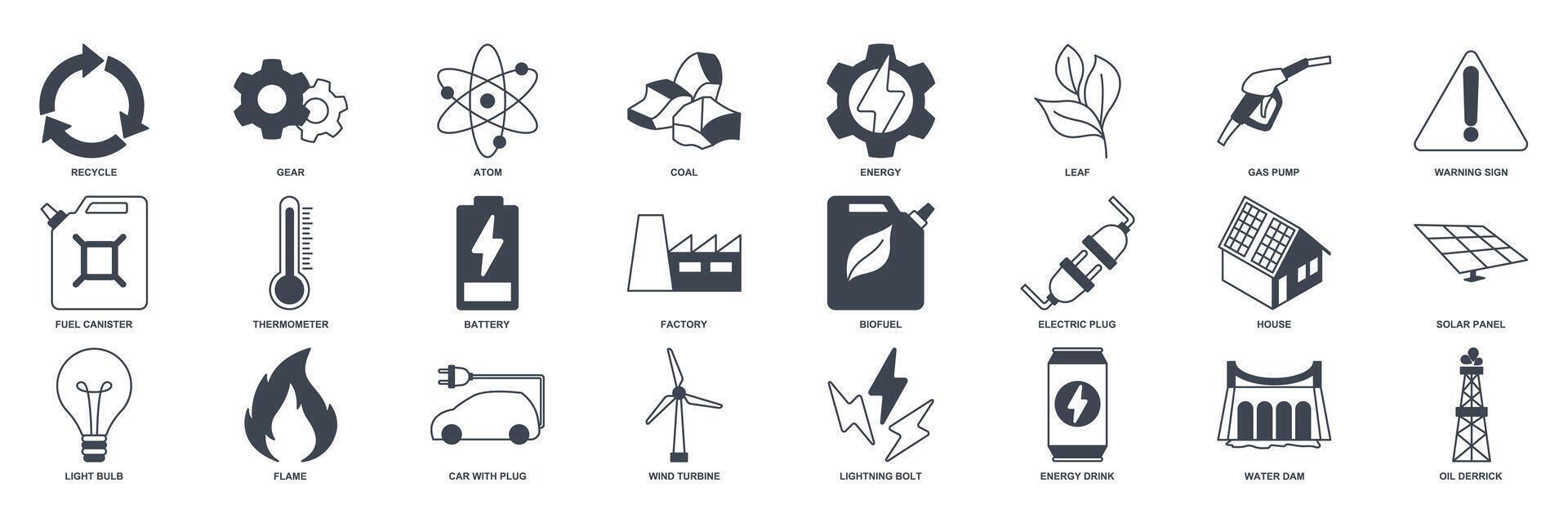 hernieuwbaar energie, groen technologie icoon set, inbegrepen pictogrammen net zo licht lamp, map, zonne- paneel, accu en meer symbolen verzameling, logo geïsoleerd vector illustratie