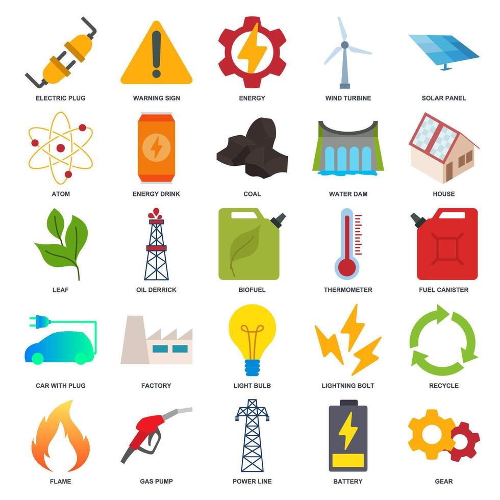 hernieuwbaar energie, groen technologie icoon set, inbegrepen pictogrammen net zo licht lamp, map, zonne- paneel, accu en meer symbolen verzameling, logo geïsoleerd vector illustratie