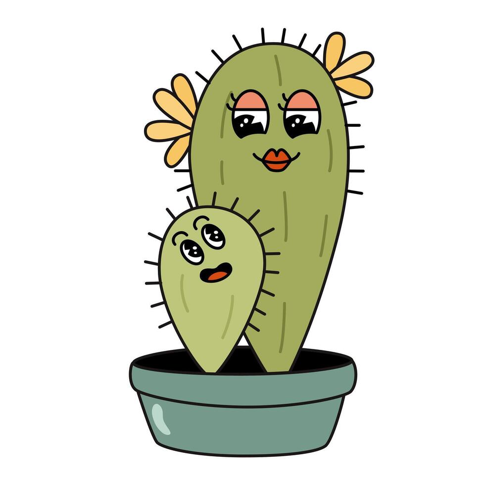 schattig groovy cactus, moeder en kind tekenfilm karakters. vector illustratie