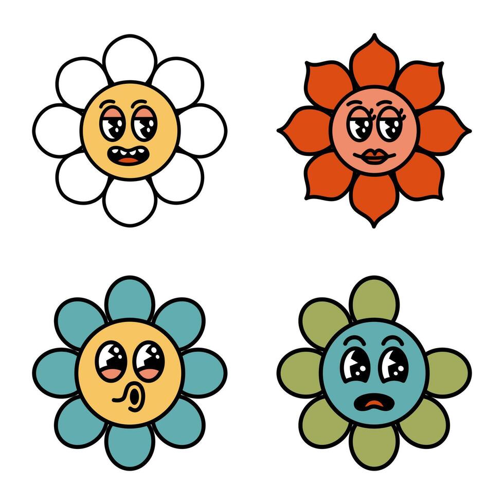 schattig groovy bloemen tekenfilm karakters. madeliefje met grappig gezicht. ontwerp element in modieus retro stijl. vector illustratie