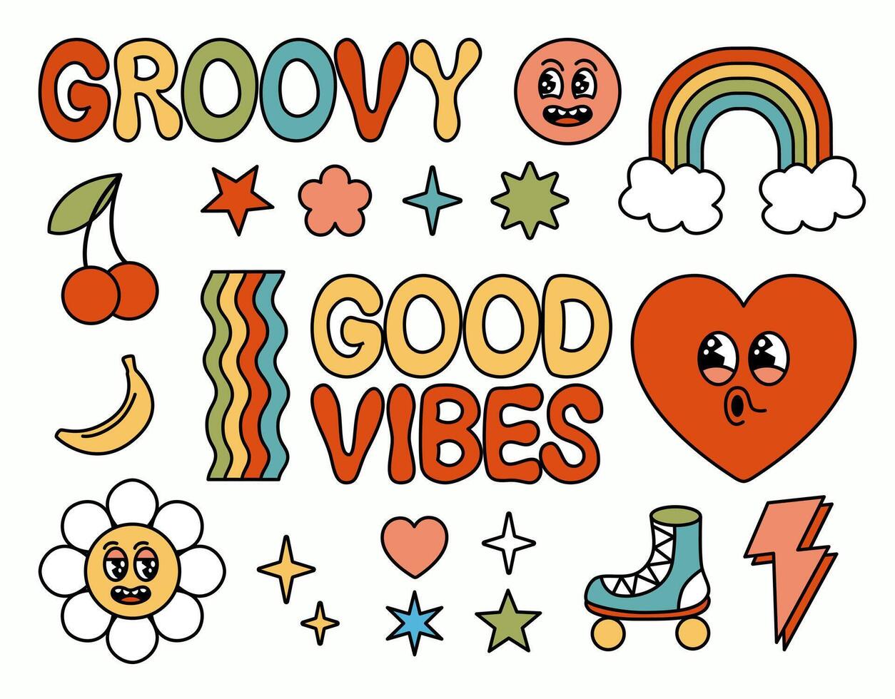 groovy retro hippie elementen set. tekenfilm bloem, regenboog, madeliefje, fruit, schattig grappig gezichten. mooi zo gevoel. vector illustratie