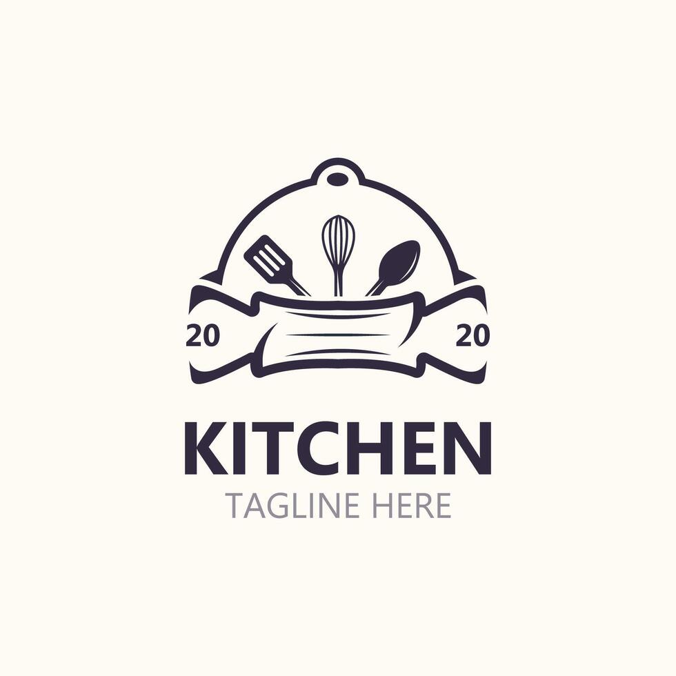 keuken logo wijnoogst met bord, mes, lepel en vork voor voedsel restaurant vector