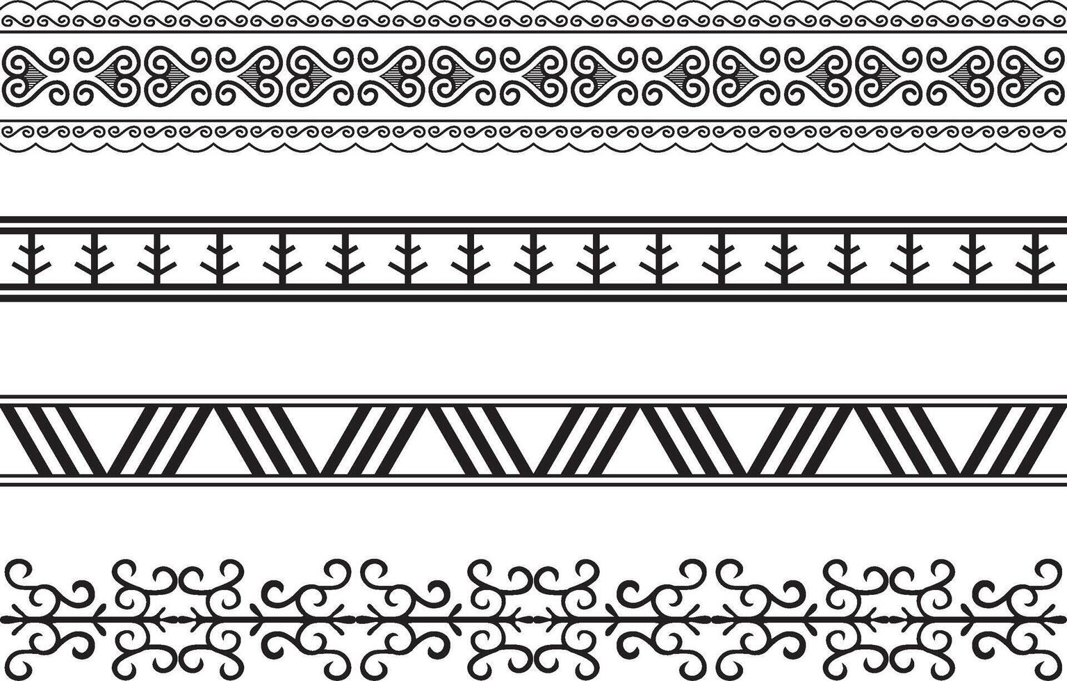 vector reeks van naadloos monochroom yakut ornamenten. grenzen, lijsten, patronen van de volkeren van de ver noorden, Azië, Siberië, toendra, taiga, ver windmolen.