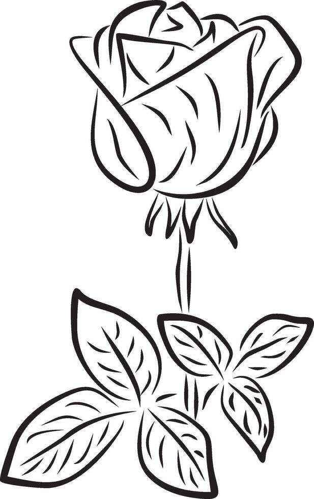 vector silhouet van een roos. getrokken monochroom bloem. knop met stam en bladeren.