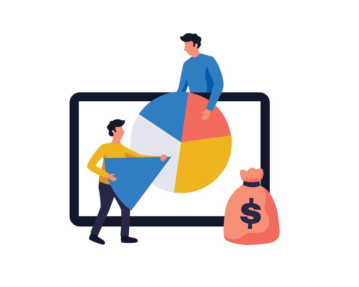 winst of omzet sharing betaling regeling. betaling delen met andere werknemer in percentage taart grafiek, formule of distributie naar berekenen loon, bedrijf mensen snijdend taart tabel voor hun betaald een deel. vector