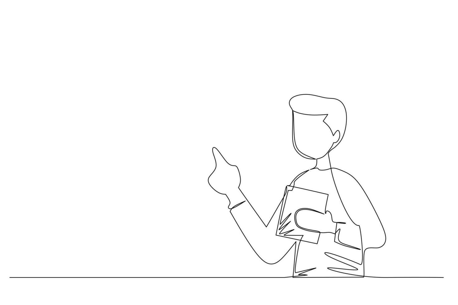 single lijn tekening kantoor arbeiders staand met een document en wijzend. jong zakenman tekenfilm karakter in vlak stijl. modern doorlopend lijn trek ontwerp grafisch vector illustratie