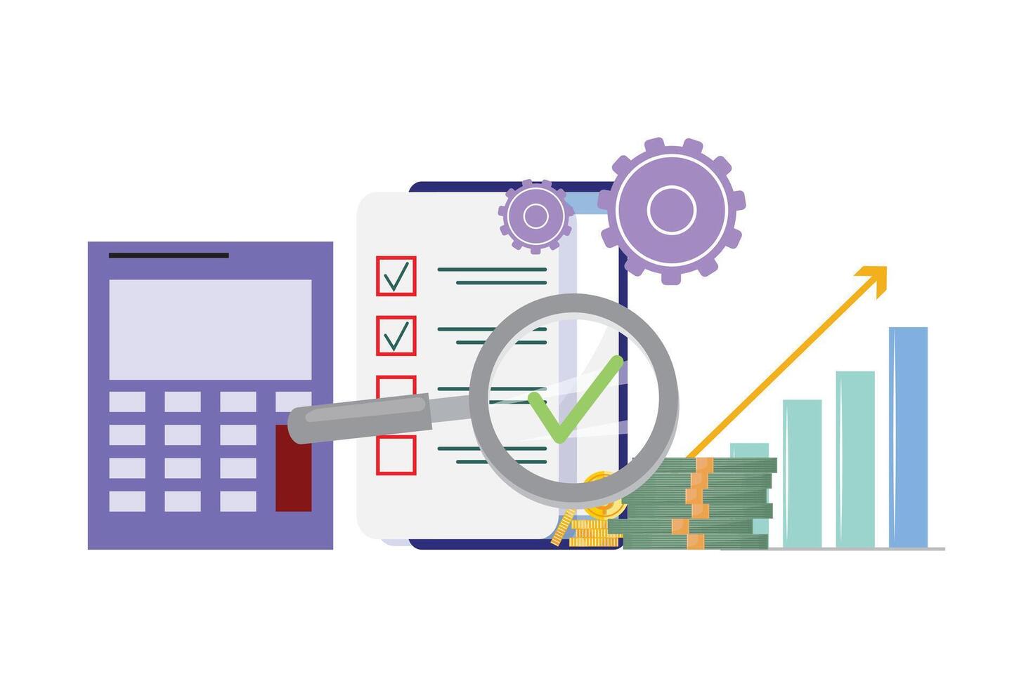 rekenmachine, vergroten glas, geld, en mobiel telefoon. taak efficiëntie, controle lijsten, en economisch groei vector