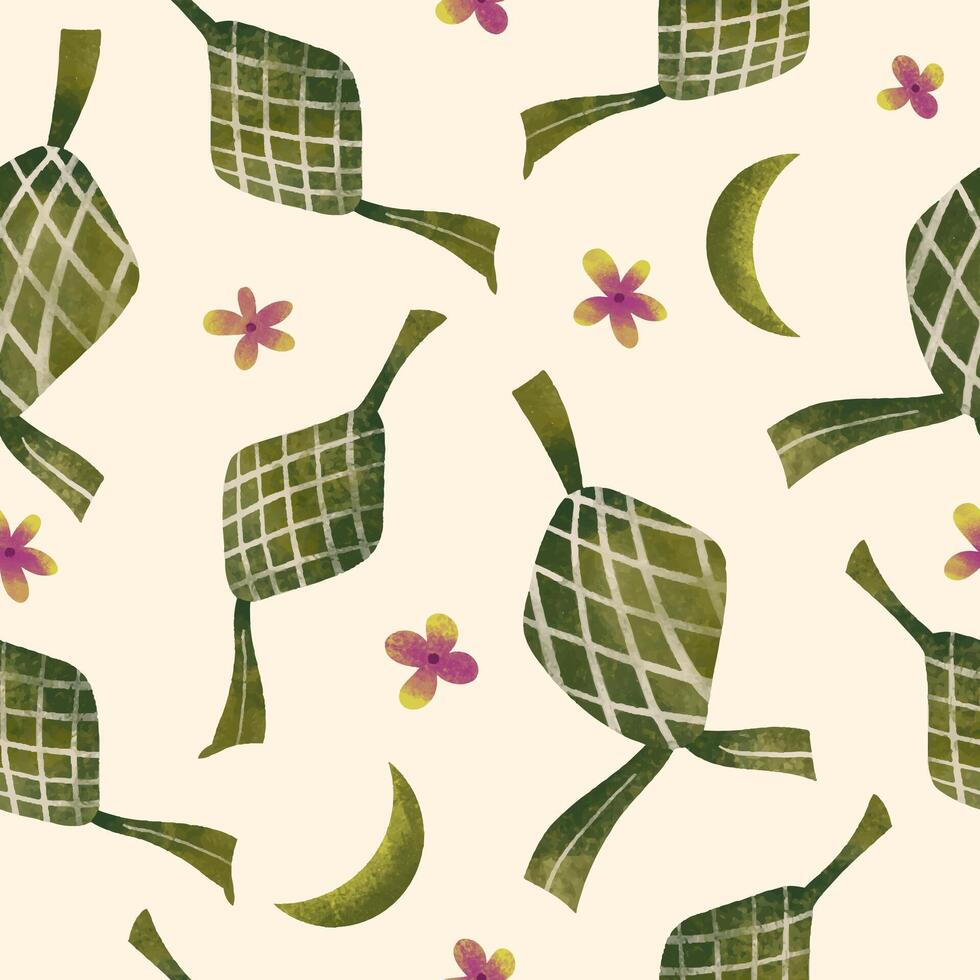 Ramadan illustratie van rijst- knoedel of ketupat en bloem ornament naadloos patroon. vector