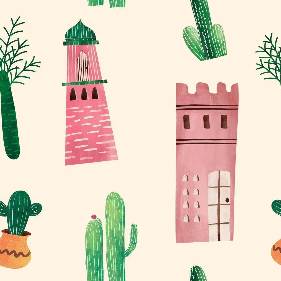 Arabisch huis, moskee en cactus fabriek schattig illustratie patroon voor achtergrond, behang, textuur. vector