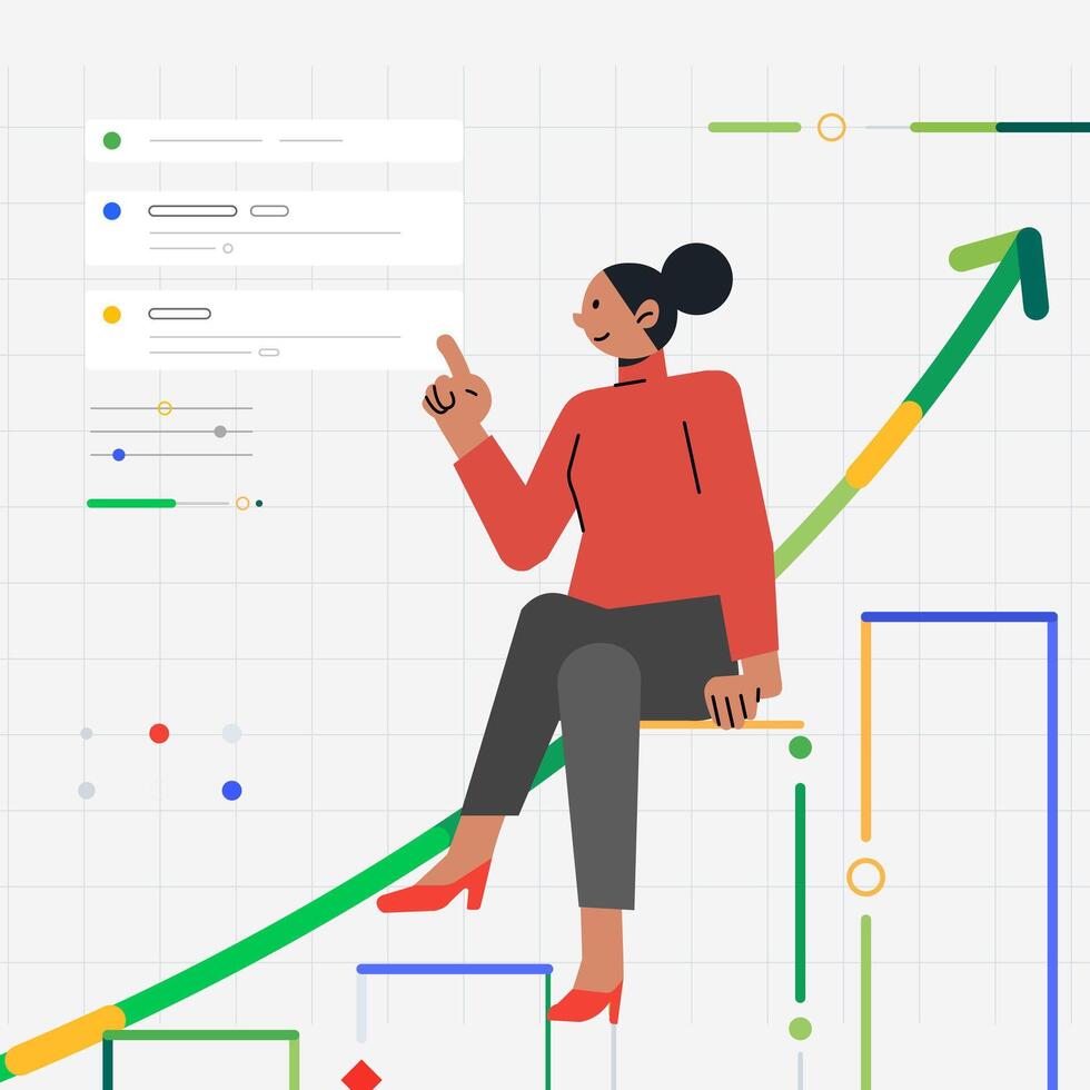 vrouw zittend groei tabel analyseren bedrijf en stijgende lijn winsten aandelen vector
