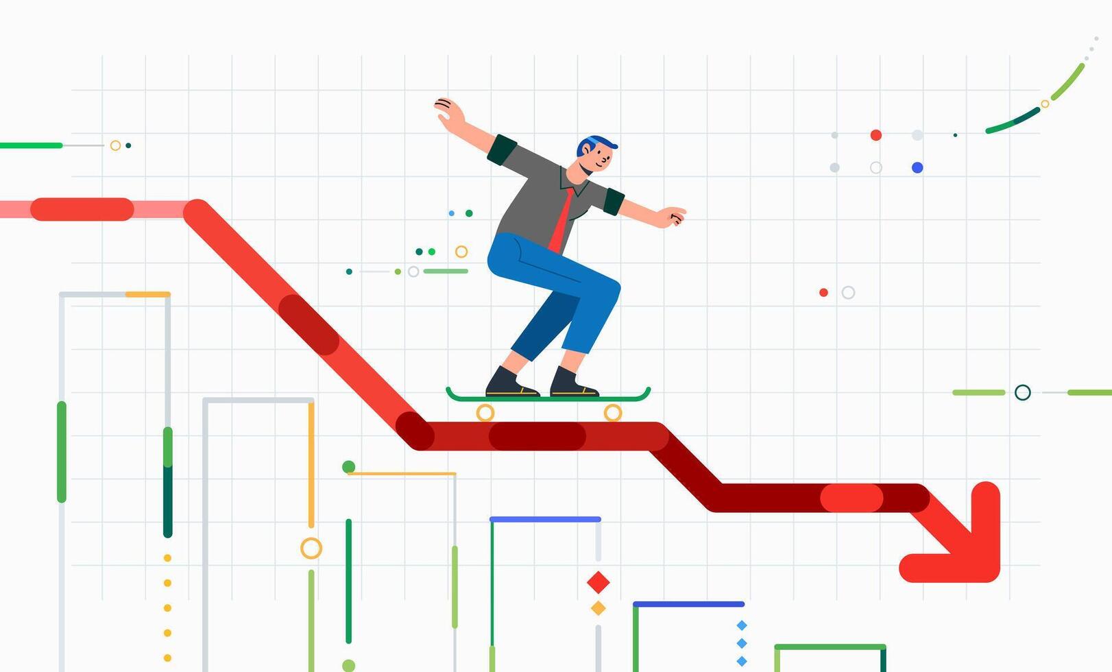 zakenman glijdt Aan skateboard over- diagram tabel van vallend naar beneden bedrijf en winsten vector