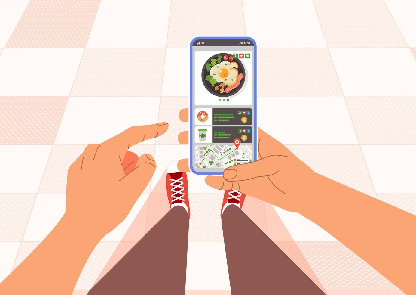 punt van visie wandelen Mens hand- Holding op zoek smartphone met toepassing bestellen voedsel vector