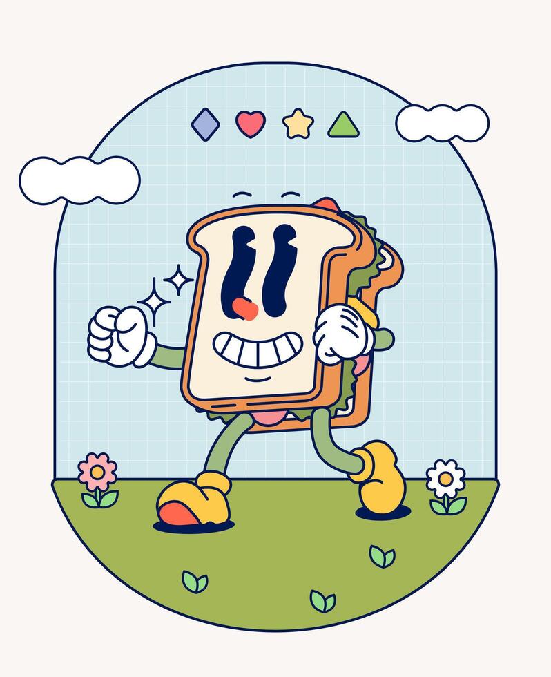 belegd broodje retro karakter mascotte wijnoogst modieus hand- trek grappig tekening grappig verzameling vector