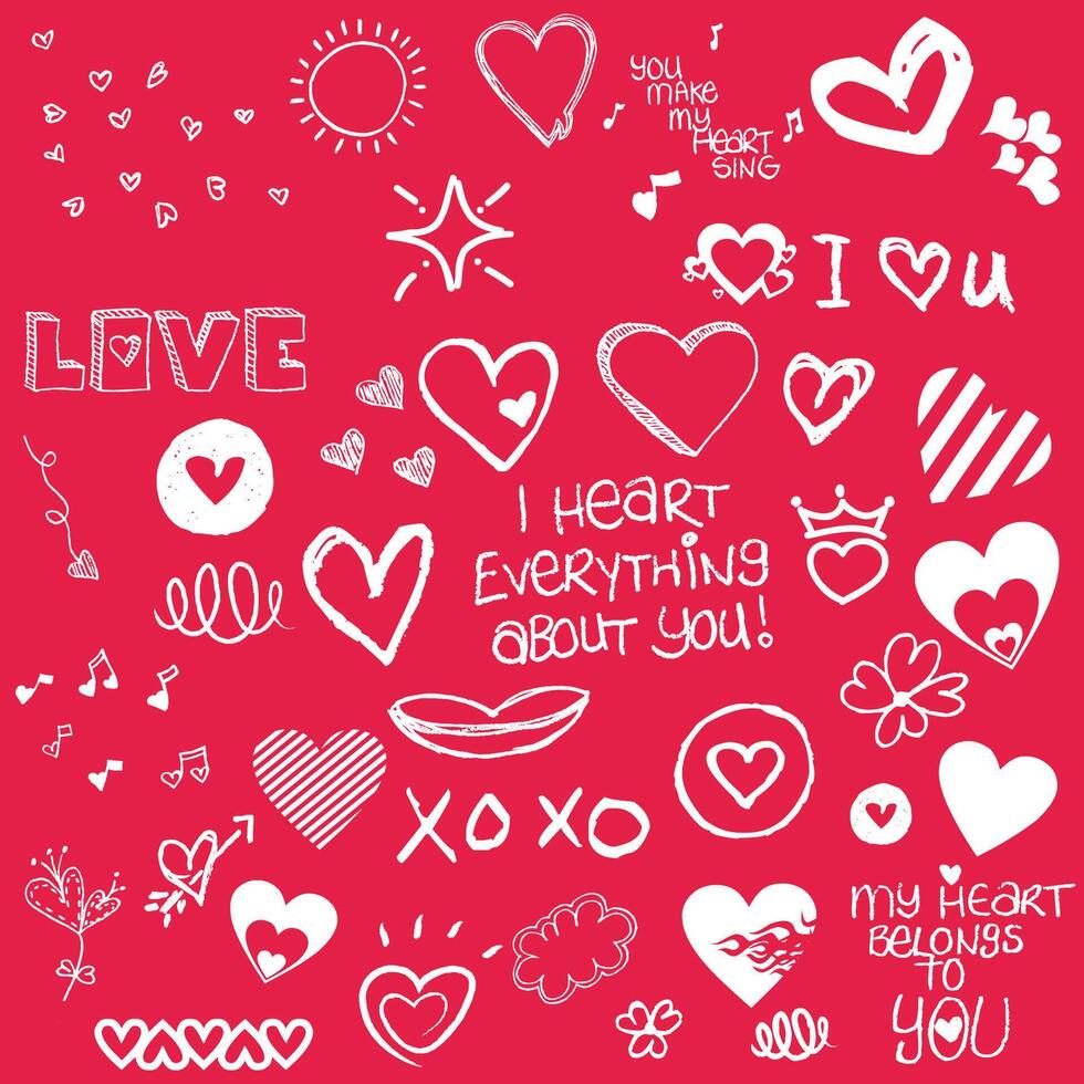 Valentijnsdag dag doodles vector Valentijnsdag dag pictogrammen reeks hart reeks van harten Valentijnsdag dag doodles Aan roze achtergrond