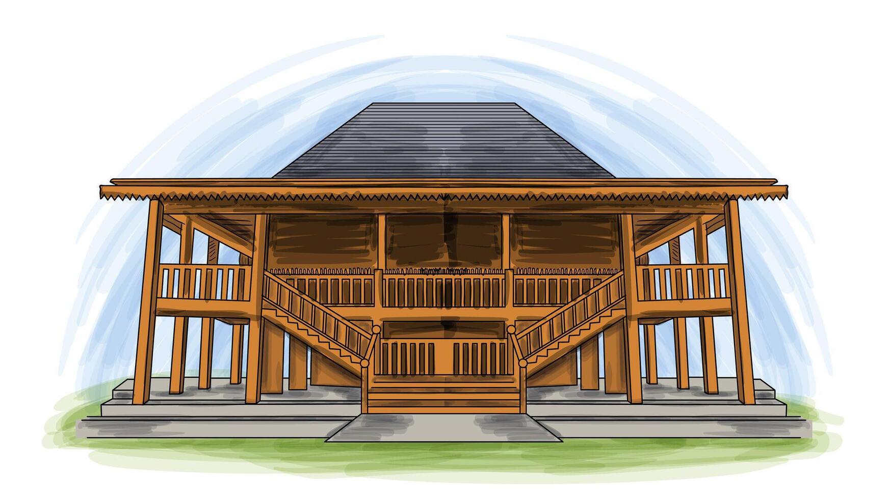 Rumah limas traditioneel zuiden sumatera Indonesië huis tekenfilm hand- getrokken illustratie vector