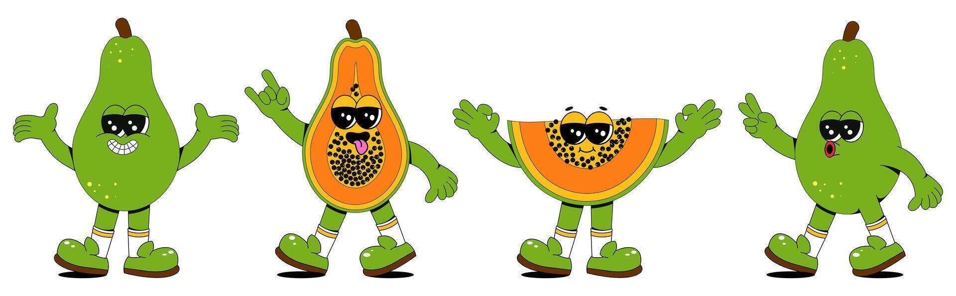 reeks van retro tekenfilm papaja karakters. een modern illustratie van schattig papaja mascottes in verschillend poses en emoties, creëren een jaren 70 grappig boek uitstraling. vector
