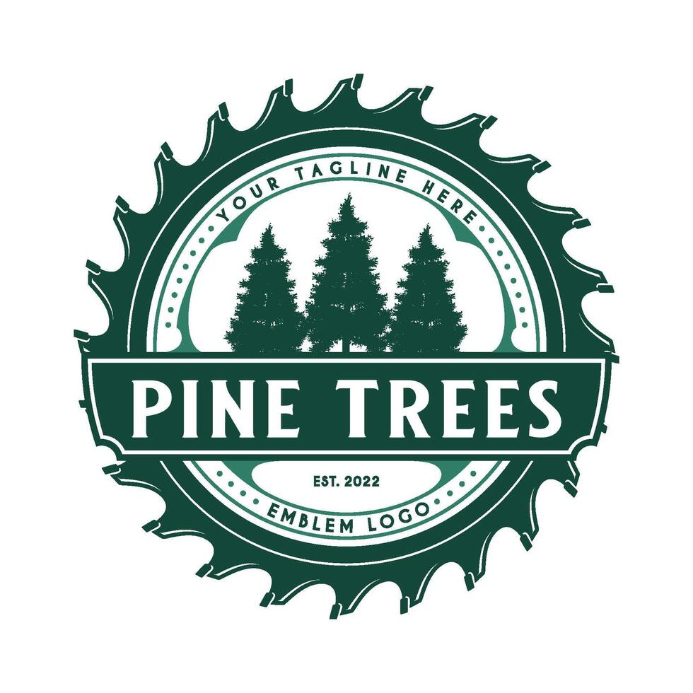 timmerman wijnoogst logo. pijnboom boom en zag icoon, voor houtbewerking, timmerwerk, meubilair ontwerp vector