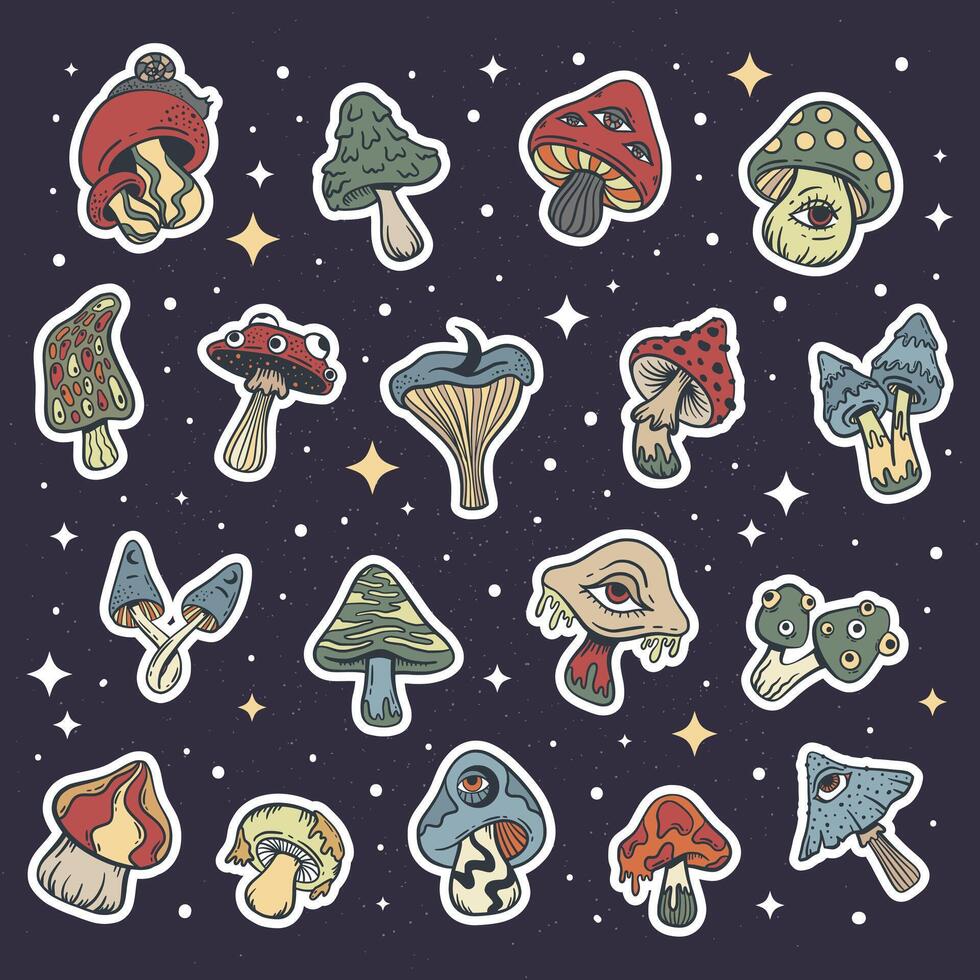 trippy psychedelisch paddestoel sticker set, schattig tekening schetsen hand- getrokken stijl, vector illustratie