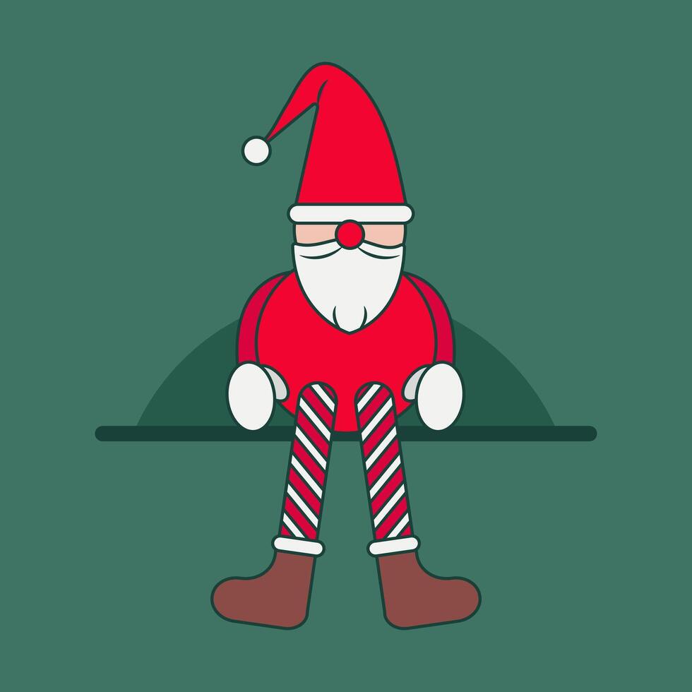 een speelgoed- gnoom of elf van de kerstman claus met lang poten zit Aan een plank. helder nieuw jaar karakter. Kerstmis vakantie decor. vector