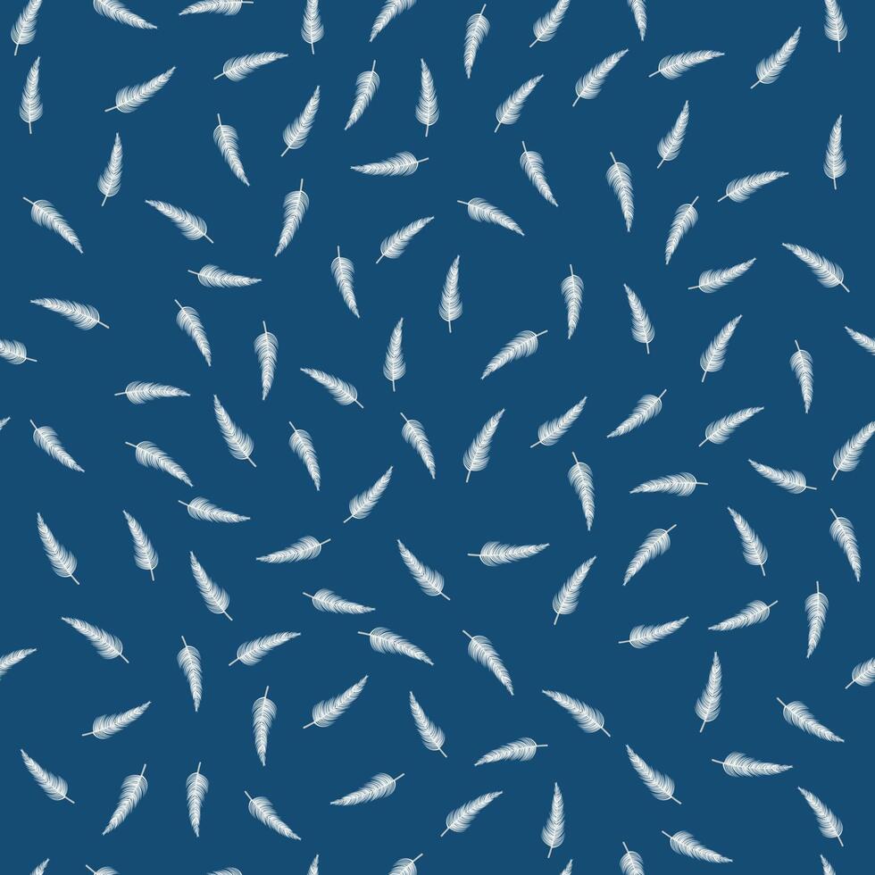 patroon van wit veren. vogel penpunten vallen Aan een blauw achtergrond. licht vlucht van pluis. zachtheid. naadloos minimalistisch patroon. chaotisch plaats. vector illustratie.