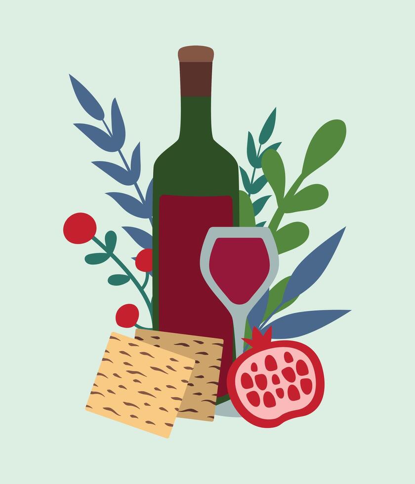 vakantie Pascha concept. wijn, glas, matze, granaatappel en bladeren. vector vlak elementen. groet kaart, sjabloon, achtergrond